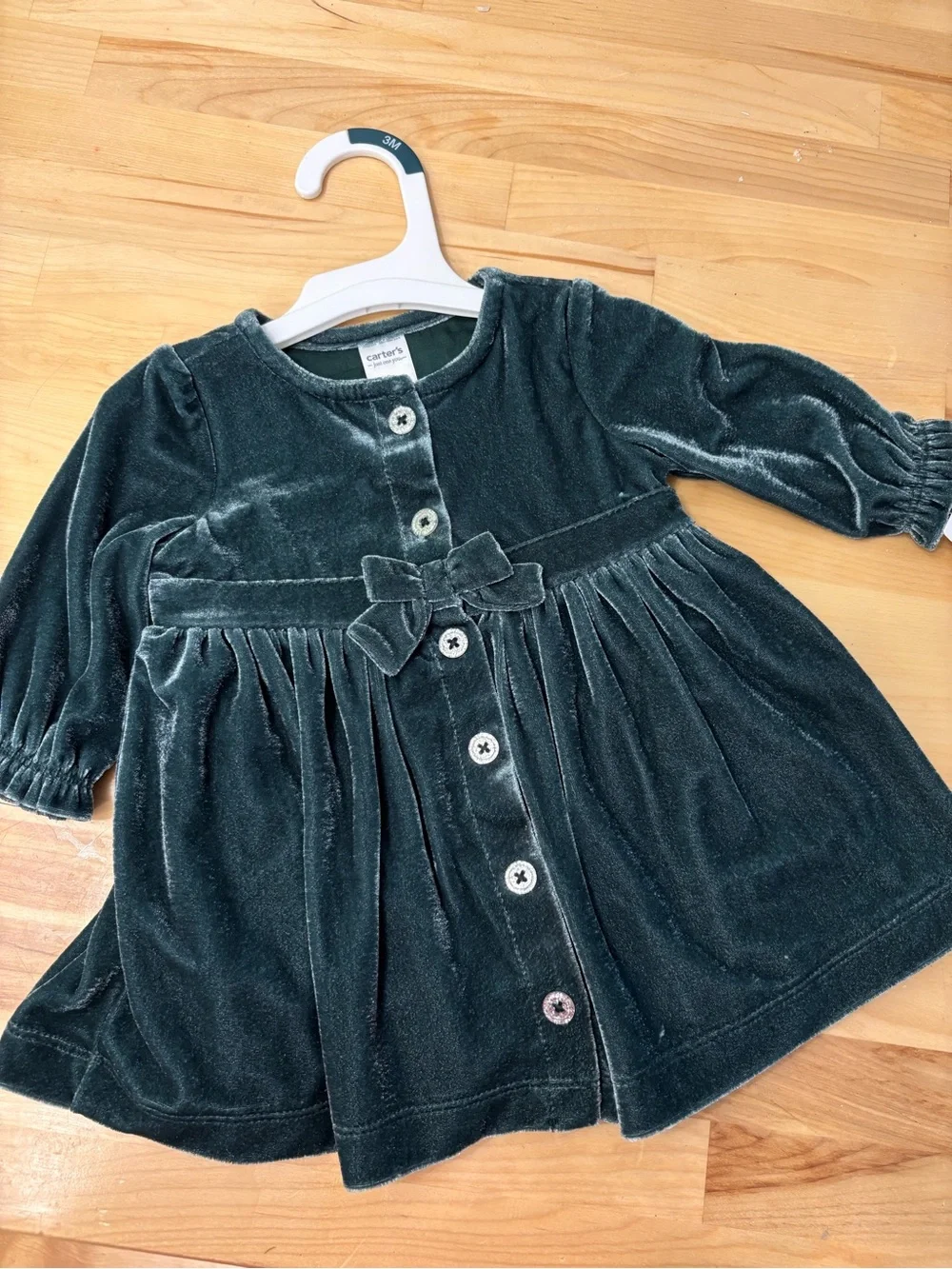 Carter's Emerald Green Velvet Button-Front Dress with Waist Bow